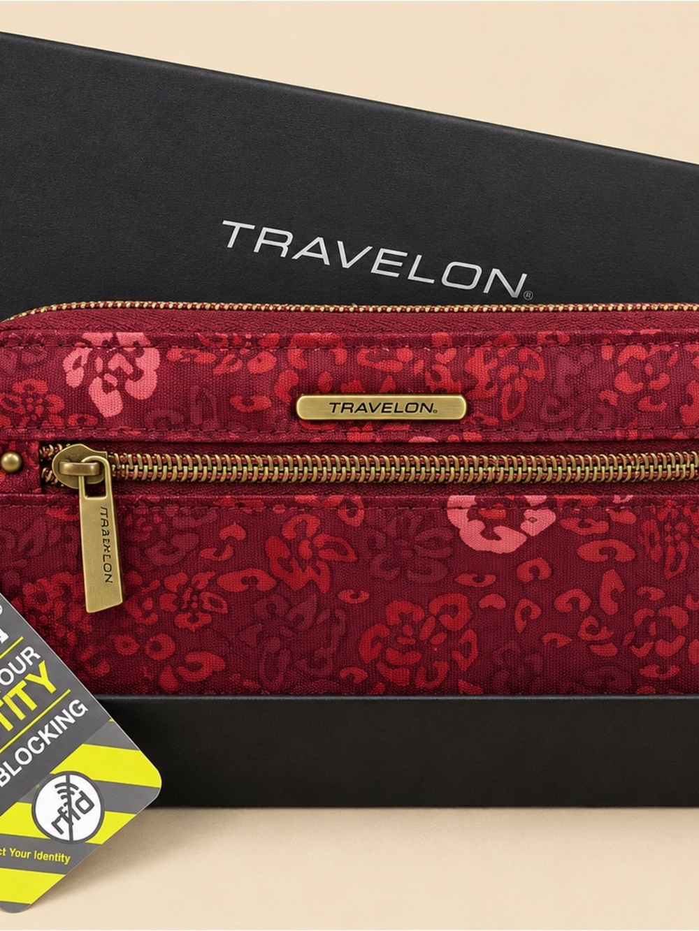 Travelon Red Floral RFID-Blocking Zip Wallet with Gold Accents